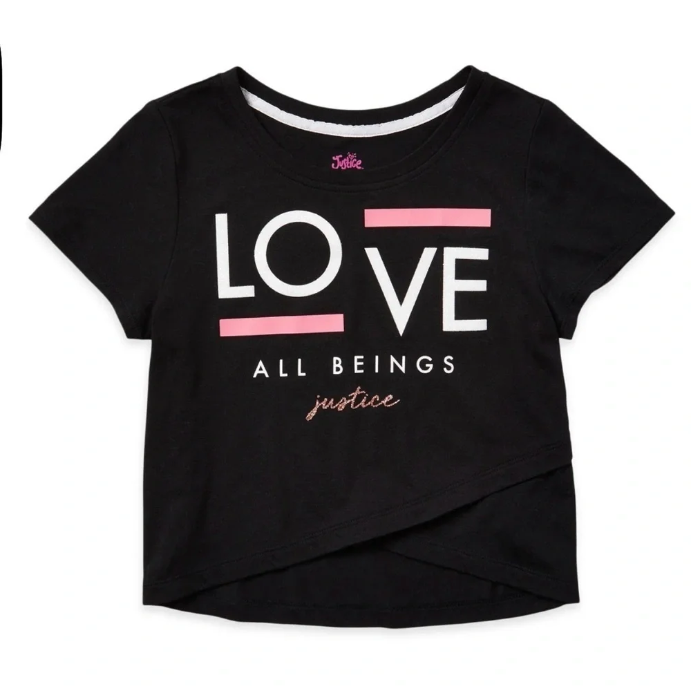 Justice Black Tee with Pink and White Accents